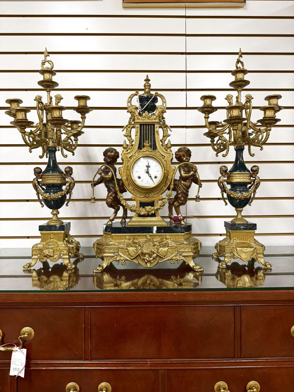 ITALIAN Brass & Marble 3 Piece Clock & Candelabra