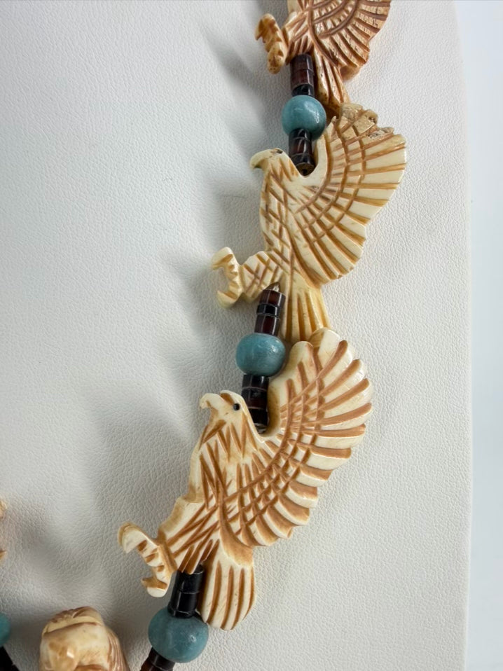 NATIVE AMERICAN White Bone & Turquoise Eagle Necklace