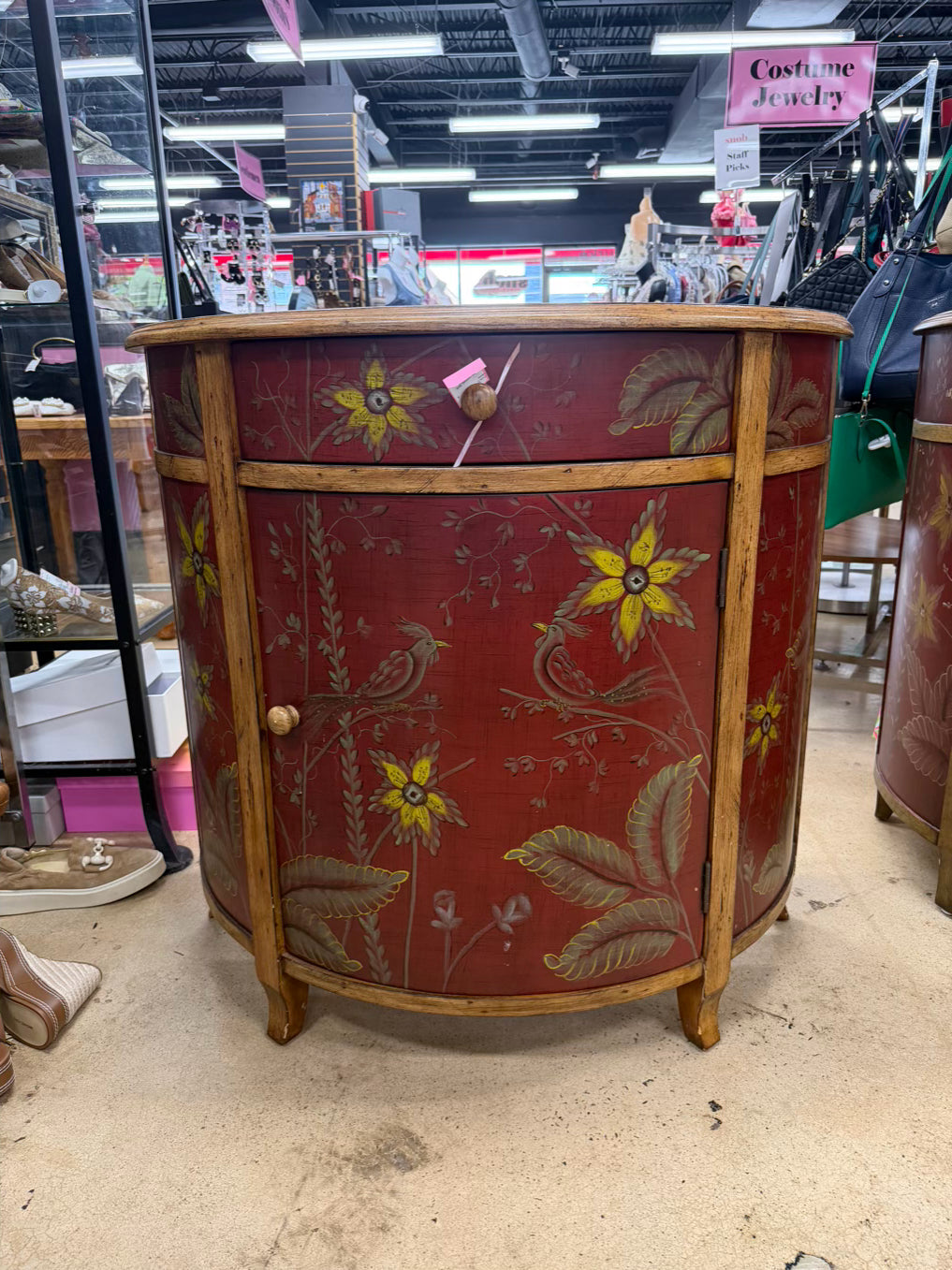 Red & Gold Demilune Birds Cabinet w/ Drawer