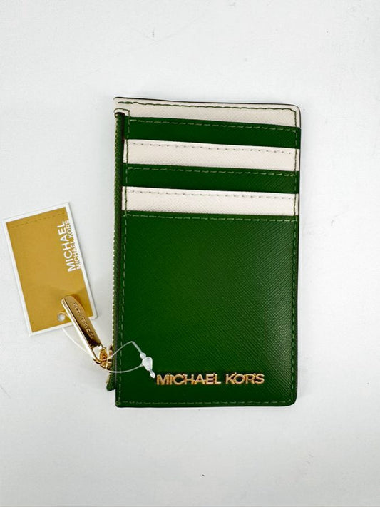 MICHAEL KORS Green & Cream Jet Set Travel Card Case NWT