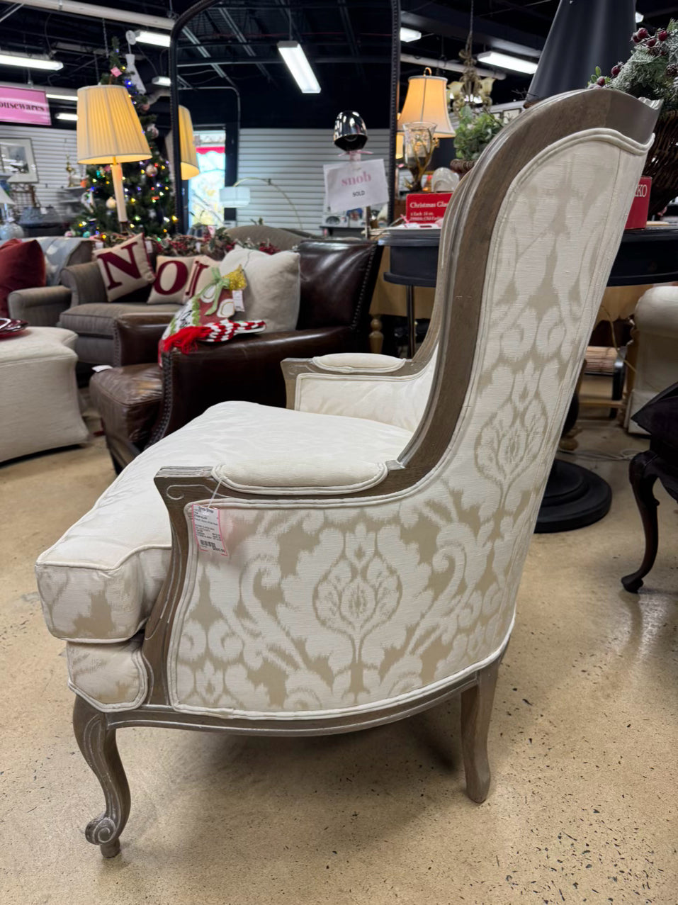 ETHAN ALLEN White Wash Wood & Cream Upholstered French Chair