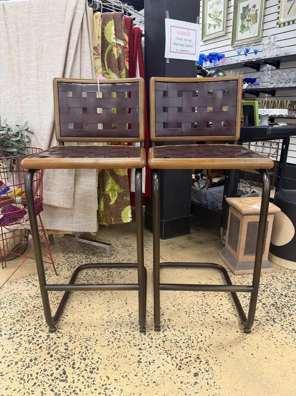 REVIVAL Brown Leather & Metal Pair Of Bar Stools