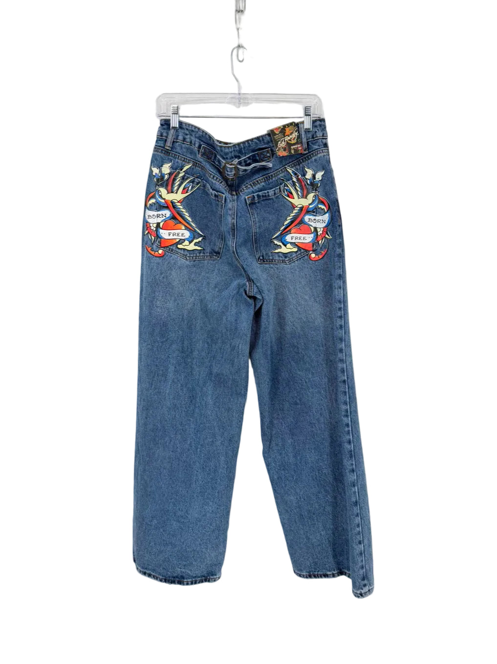 ED HARDY Size Wmn's 30 Born Free Loose Fit Wide Leg Blue Denim Print Jeans NWT