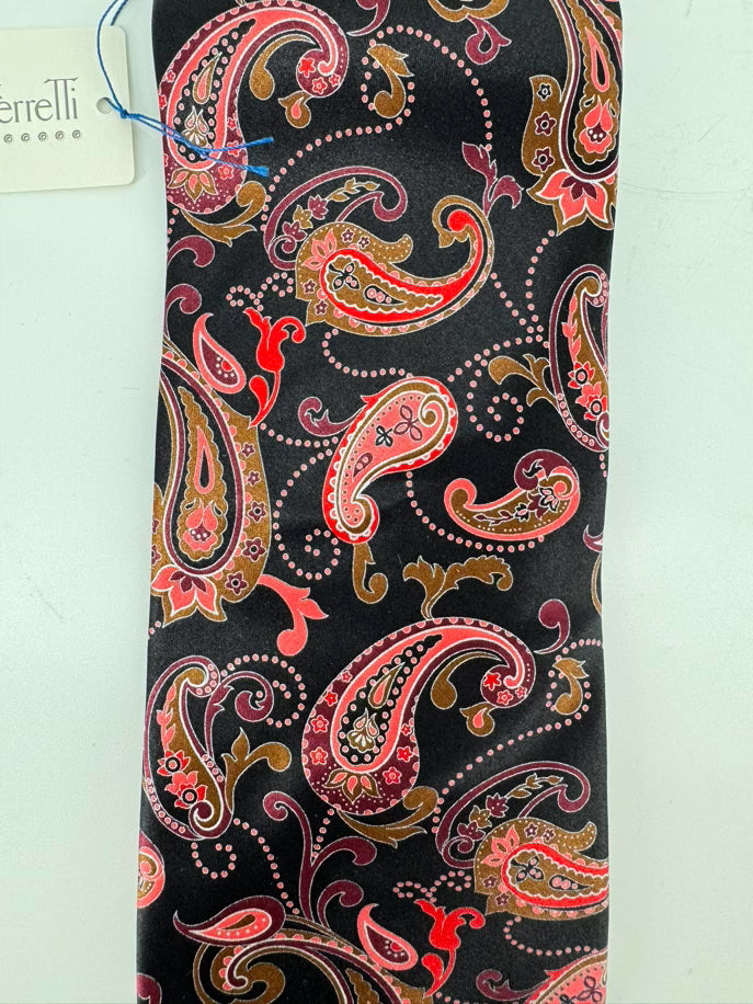 ITALO FERRETTI Black & Red Silk Paisley Print Tie NWT
