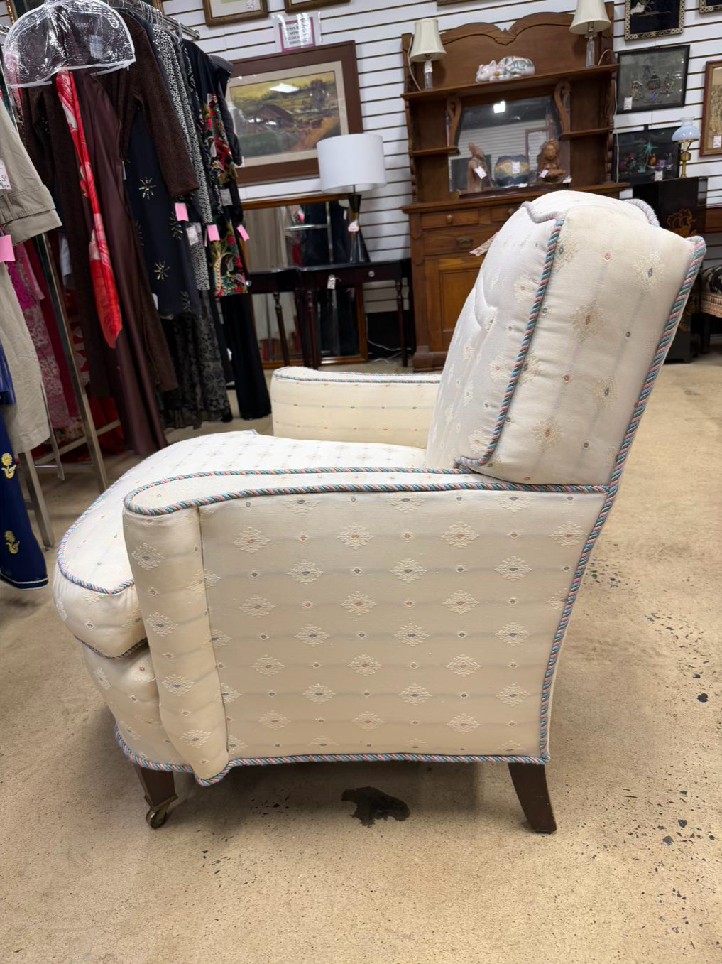 VINTAGE French White, Pink & Blue Pair Of Chairs w/ Braid Trim