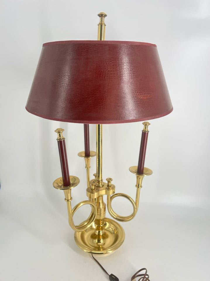 Brass Bouillotte French Horns Lamp w/ Red Shade