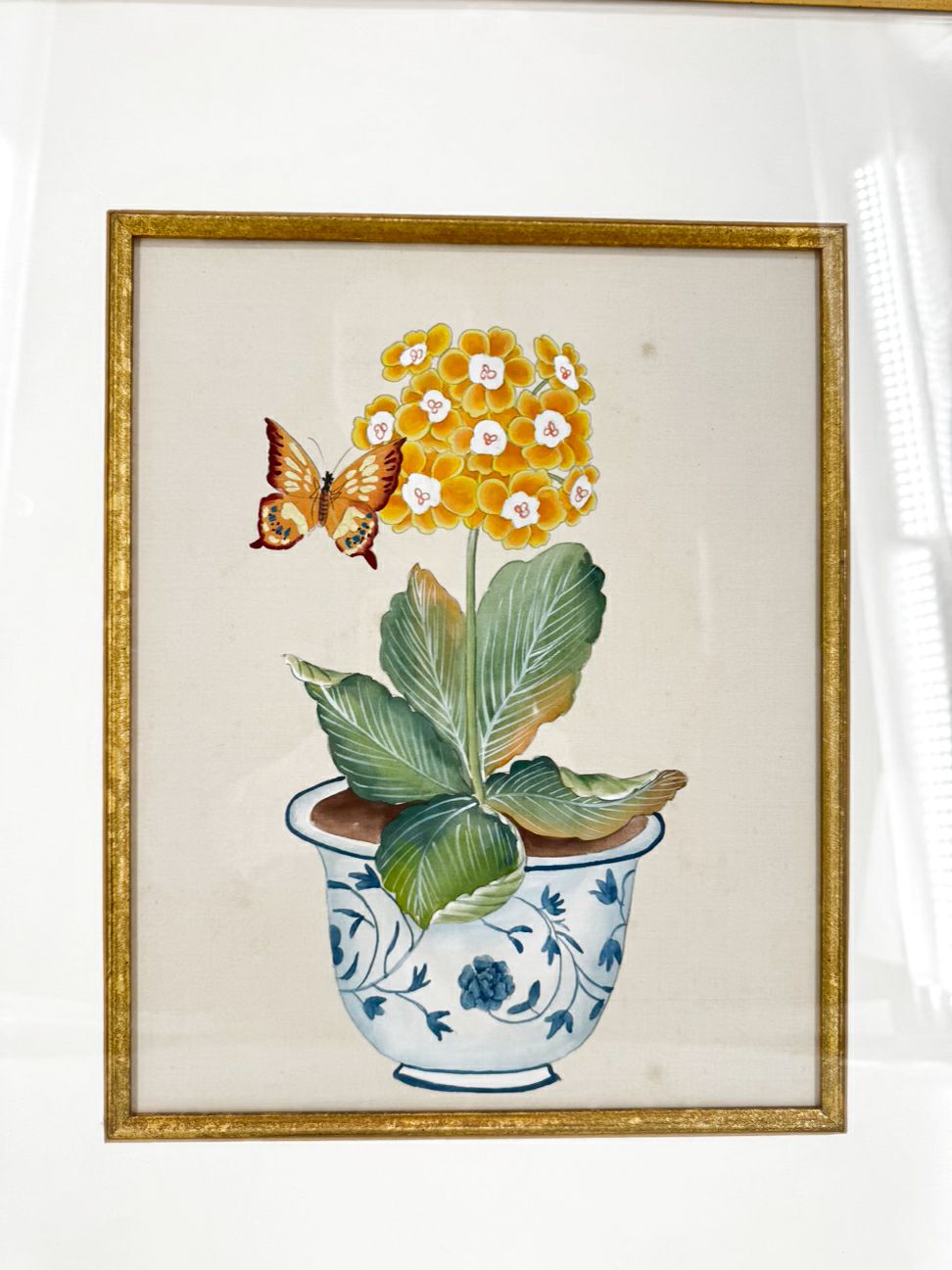 CHELSEA HOUSE Yellow Flower w/ Butterfly Painting on Silk in Gold Frame