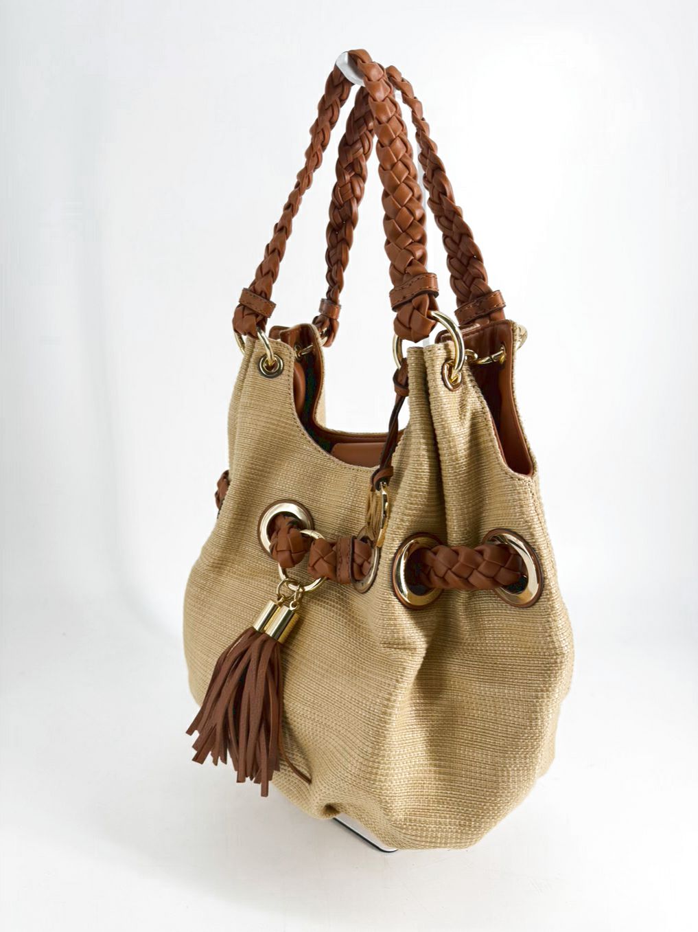 MICHAEL KORS Leather Natural Straw Woven Purse