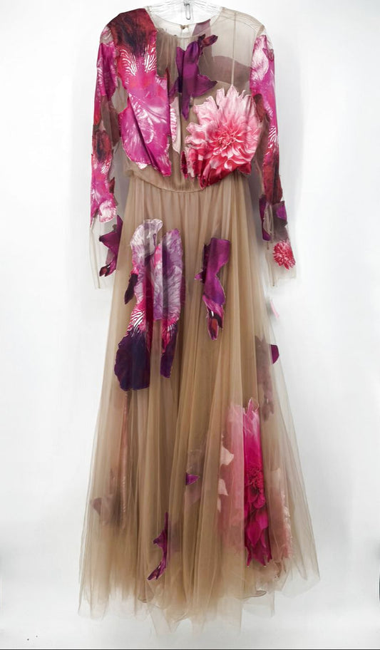 LUCIAN MATIS Size 12 Fuschia & Nude Tulle Floral Gown