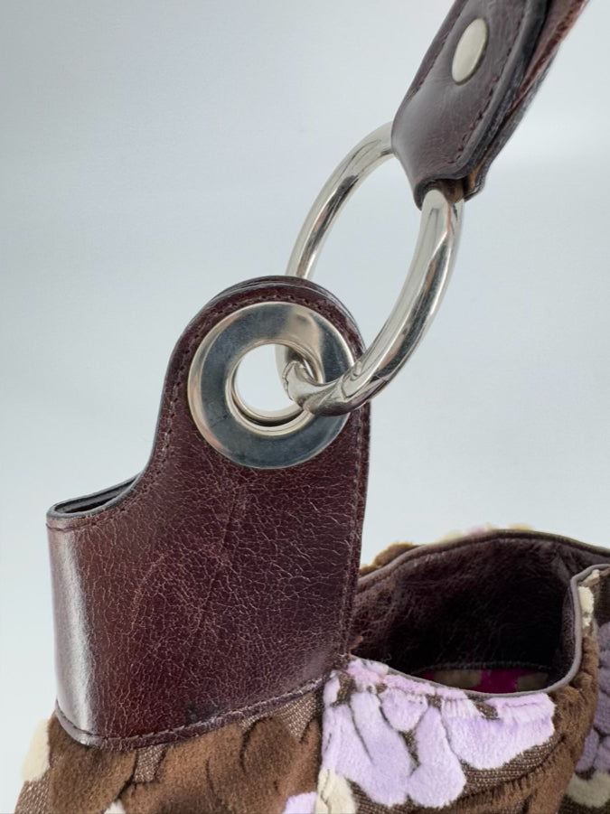 GLENDA GIES Purple & Brown Floral Velvet & Leather Purse