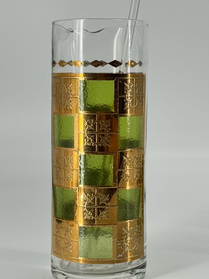 VINTAGE Green & Gold Martini Pitcher w/ 6 Glasses