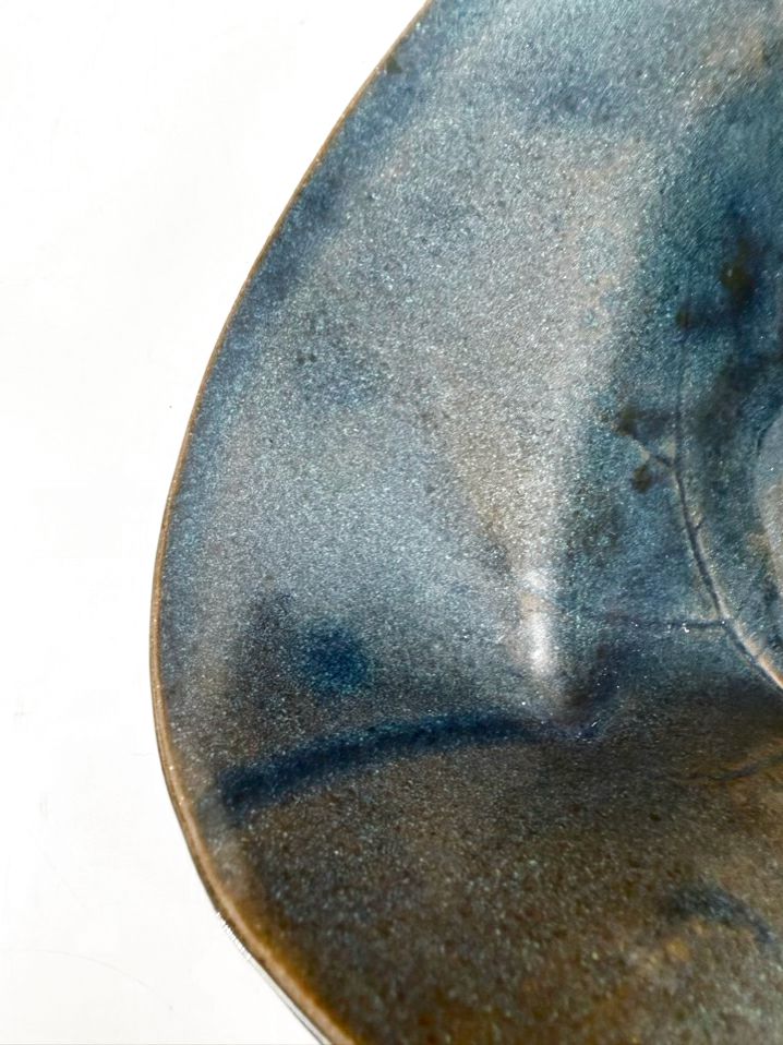 SIGNED Green & Blue Pottery Large Leaf Bowl
