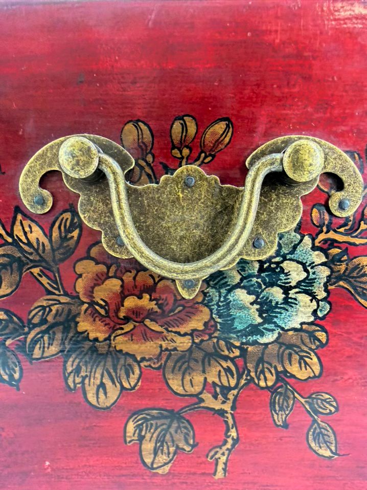 Red, Gold & Black Wood Hand painted Oriental Jewelry Box w/ Mirror
