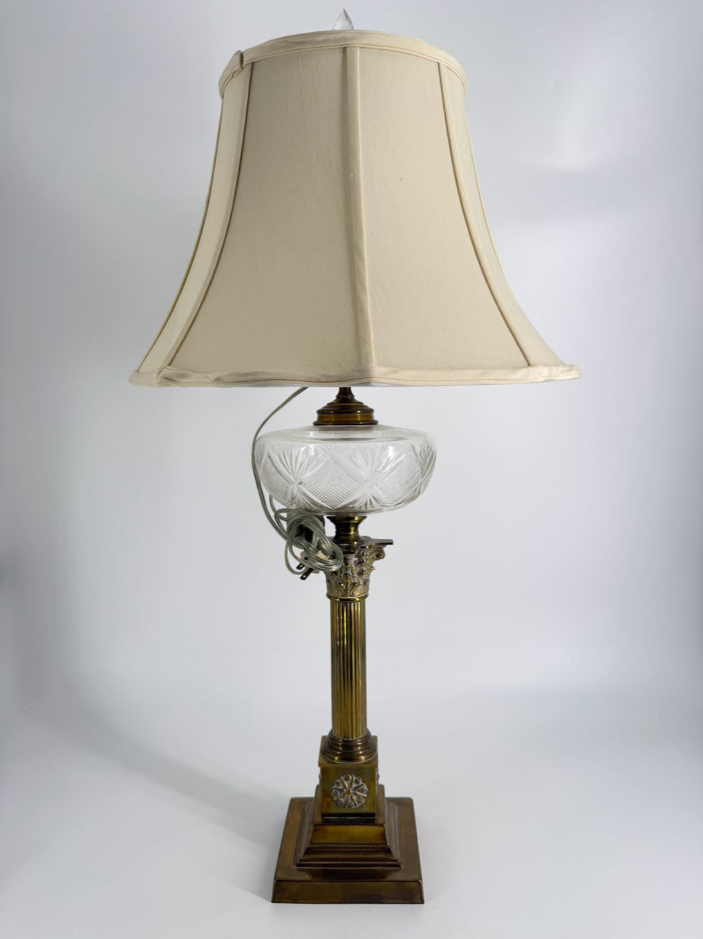 VINTAGE Glass & Brass Column Lamp w/ Shade