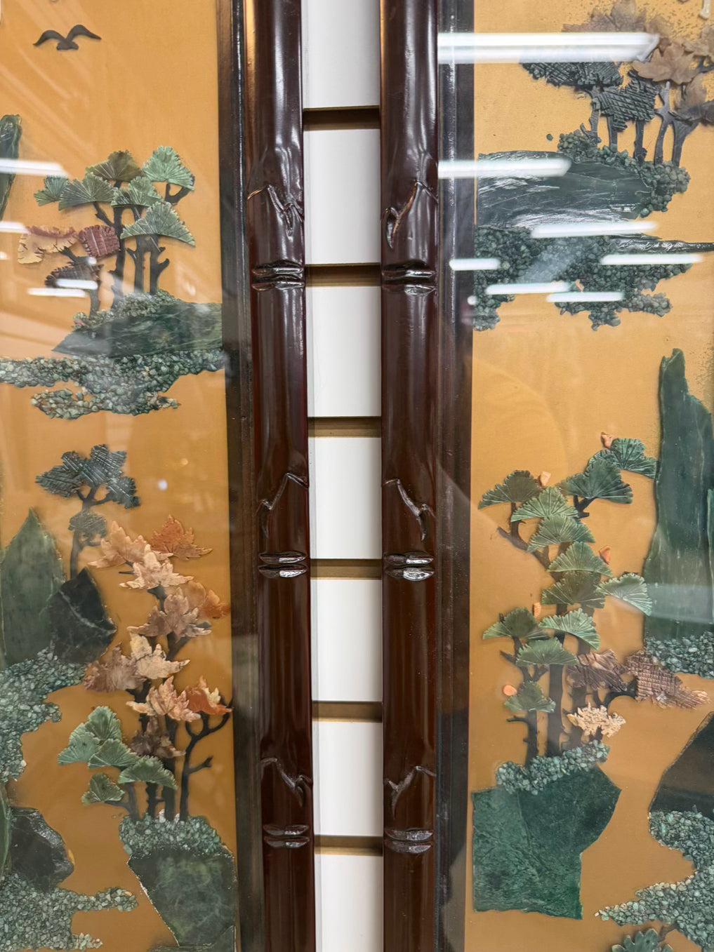 Wood Panel In Bamboo Like Frame w/ Green Inlaid Stone