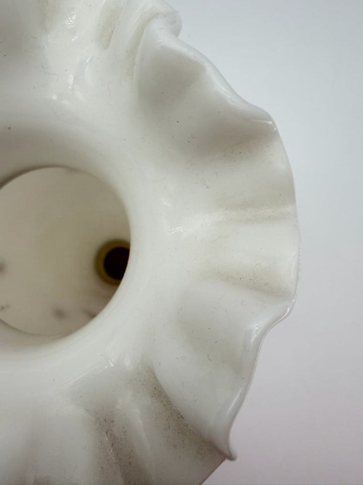 VINTAGE White Opaline Pair Of Vases w/ Ruffled Top & Gold Trim