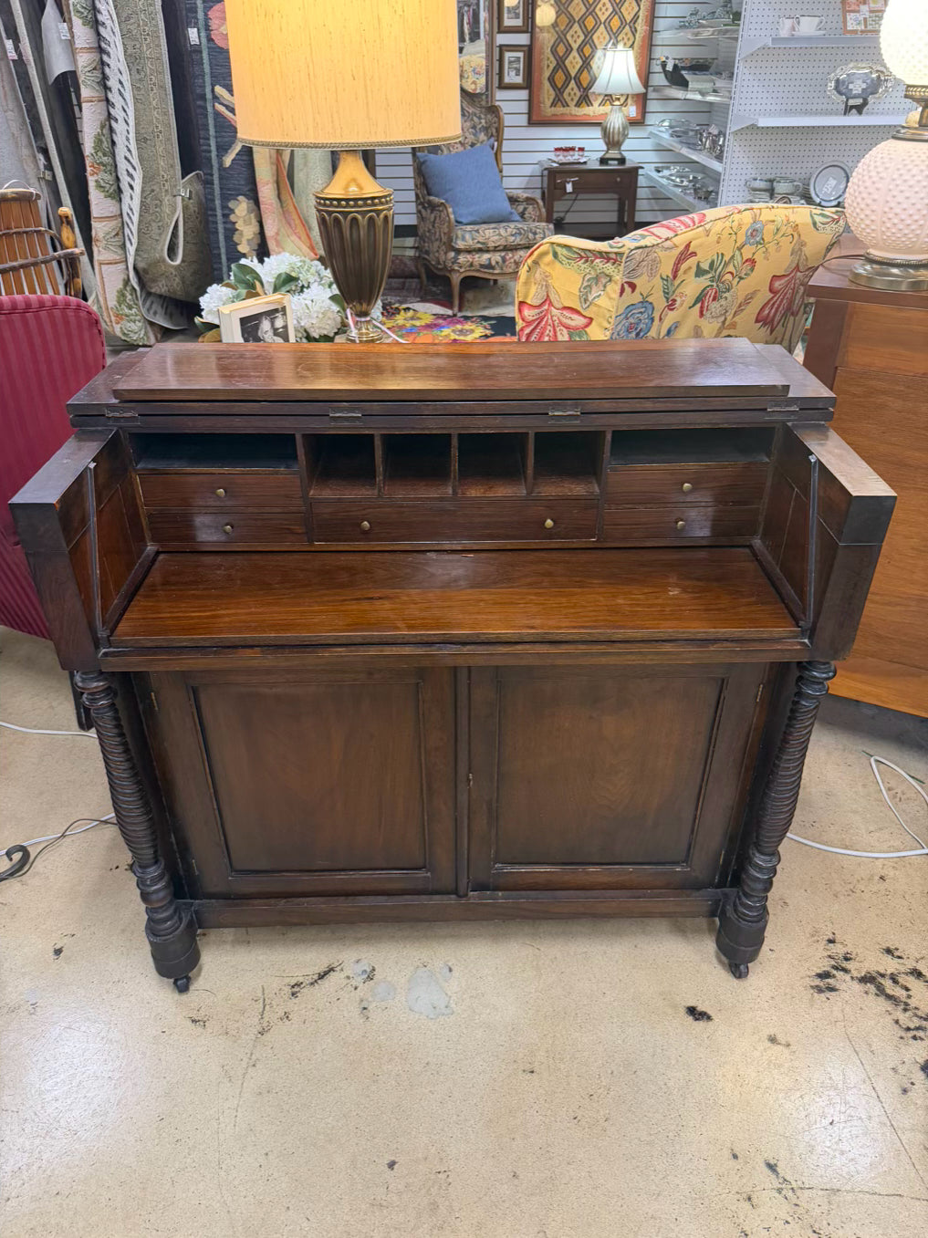 Dark Wood Drop Front Desk w/ Lower Cabinet