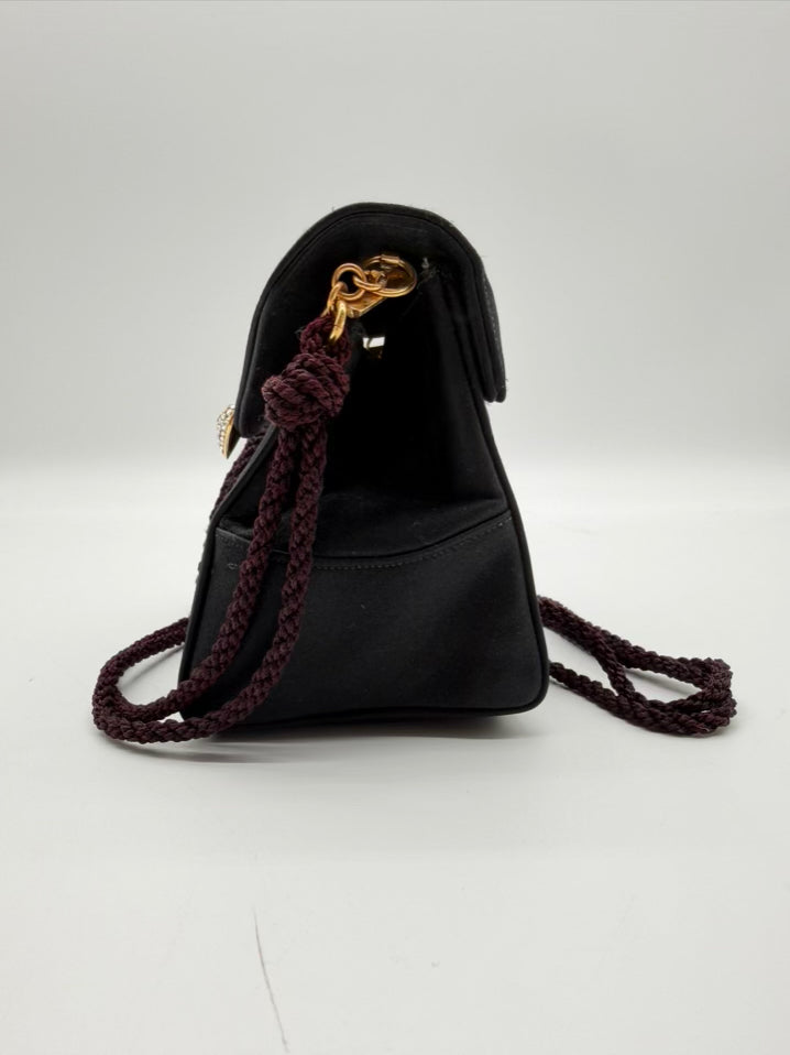 JUDITH LEIBER Black Satin Evening Bag w/ Gold Tone Heart Clasp