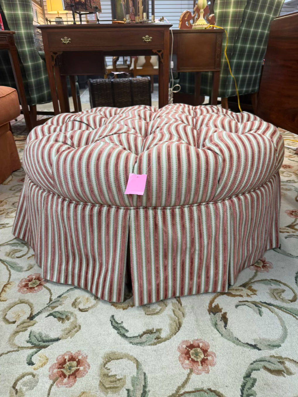 Pink, Green & White Tufted Stripe Ottoman