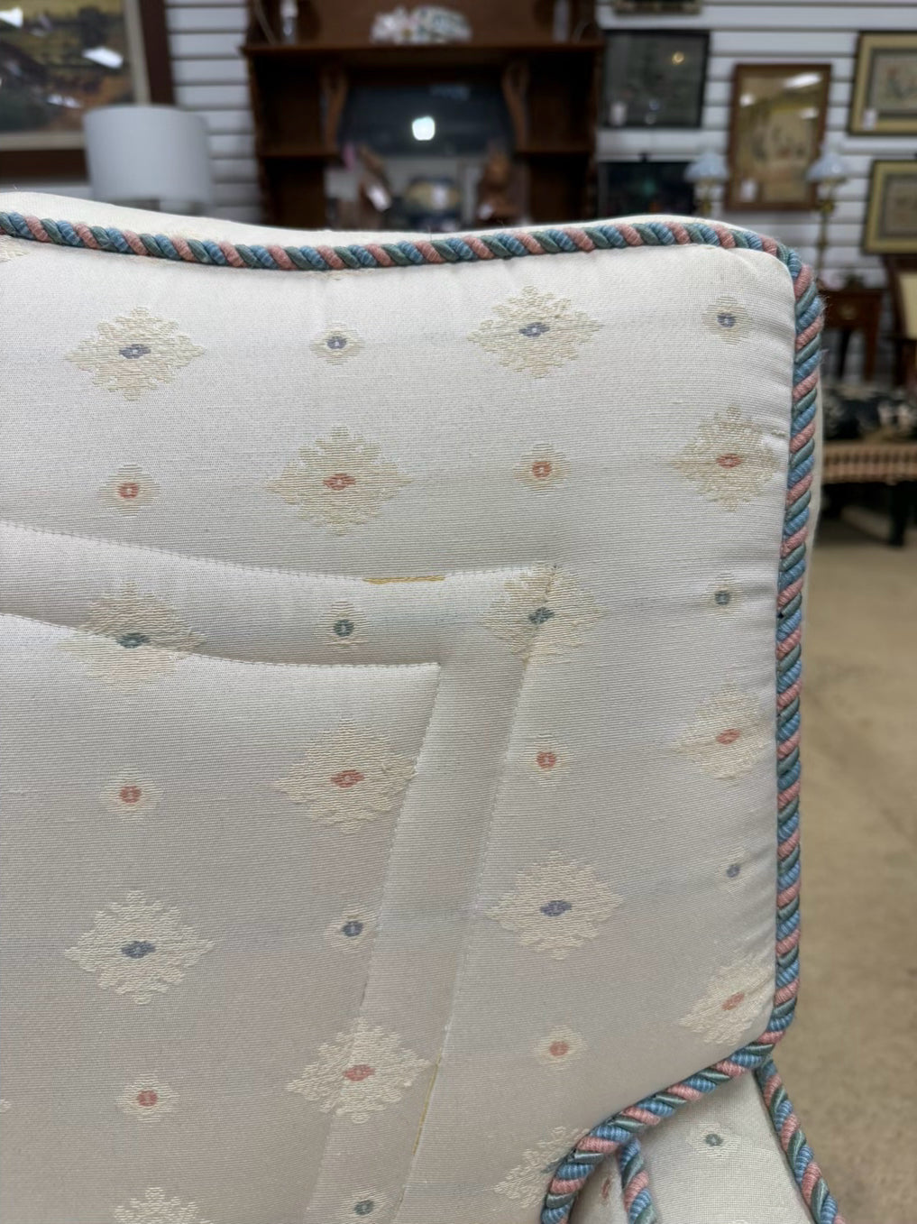 VINTAGE French White, Pink & Blue Pair Of Chairs w/ Braid Trim