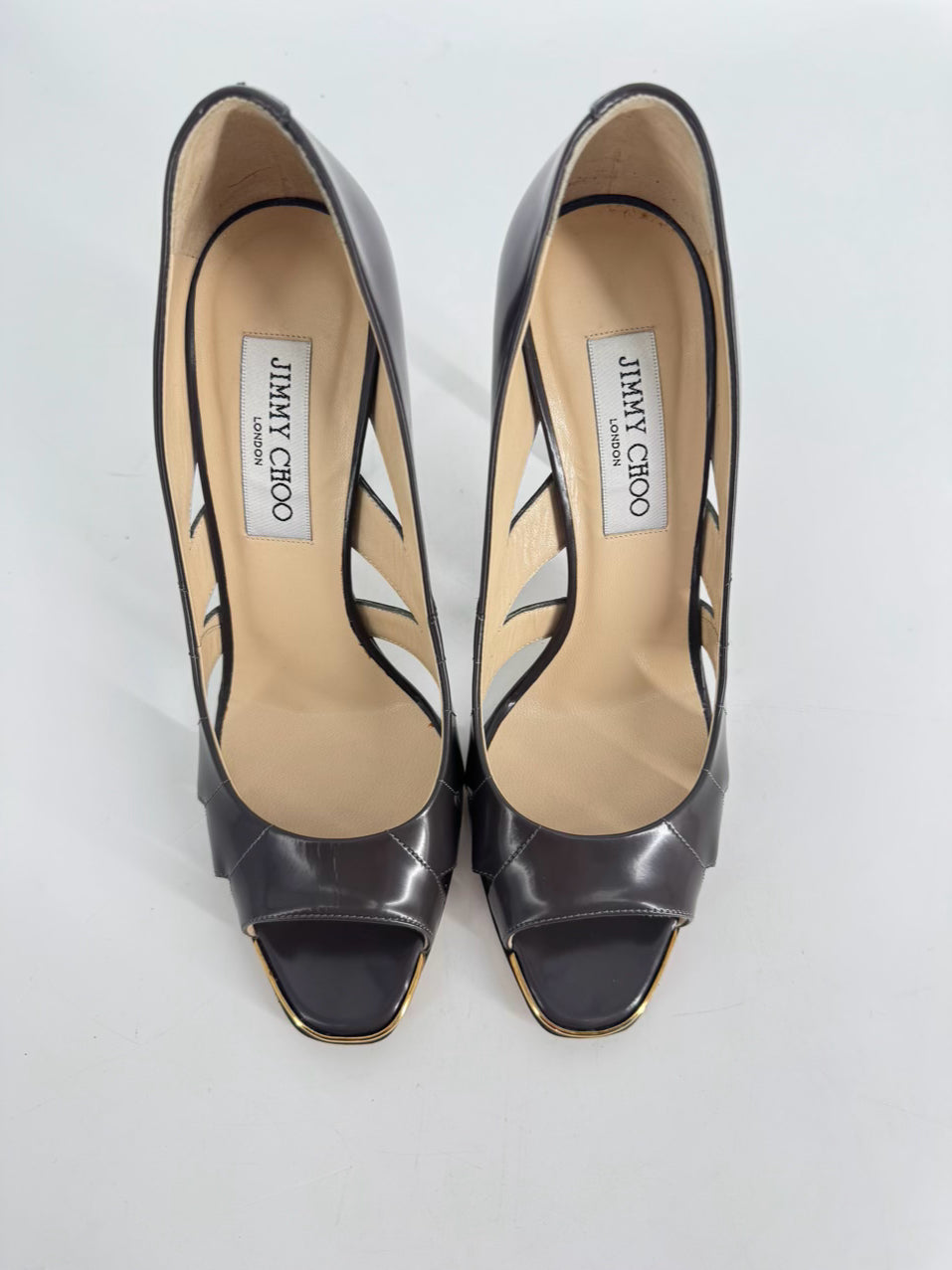 JIMMY CHOO Size 38 Taupe Leather Laser Cut Pumps