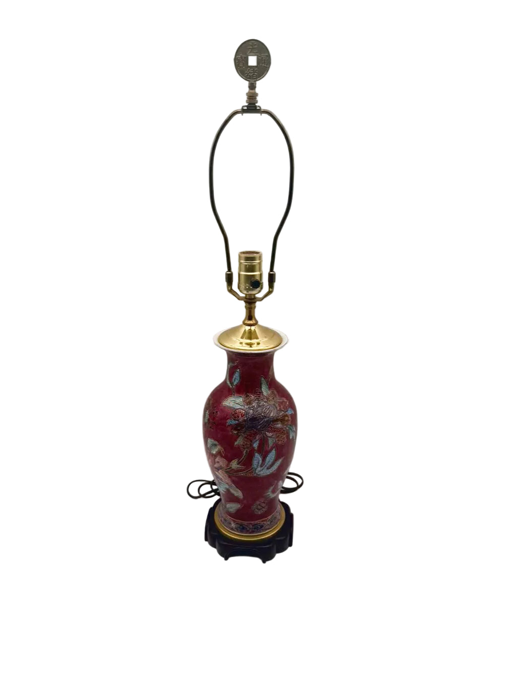 Burgundy & Blue Porcelain Jar Asian Inspired Lamp On Brown Wooden Base