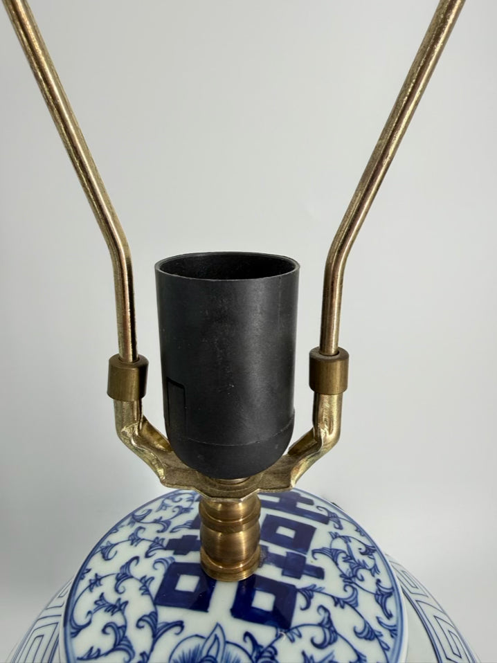 Blue & White Oriental Inspired Ceramic Ginger Jar Pair of Lamps w/ No Shades