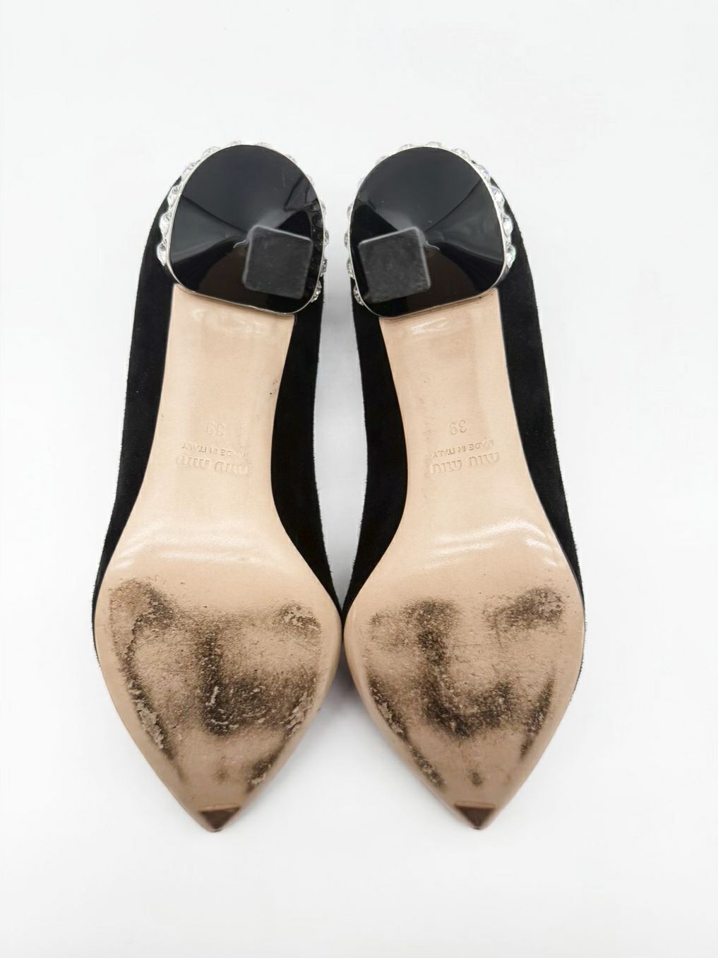miu miu Size 8.5 Black Leather Crystal Detail Kitten heels