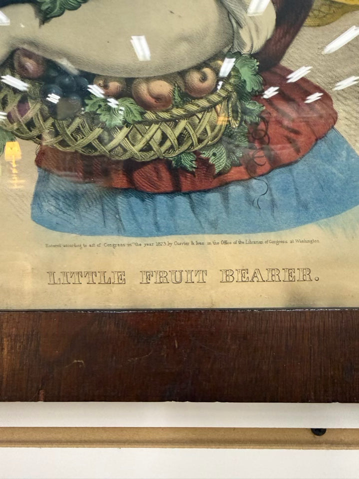 CURRIER & IVES Hand Colored Little Fruit Bearer Lithograph In ANTIQUE Brown Frame