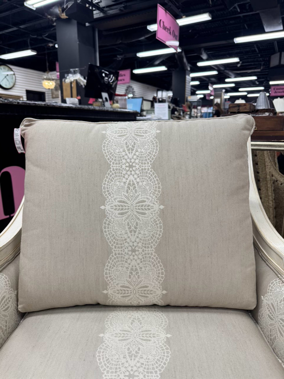 ETHAN ALLEN Cream & Taupe Wood Upholstered French Chair