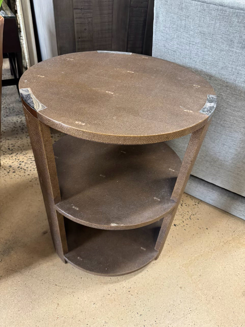JULIAN CHICHESTER Brown & Silver Faux Shagreen 3-Tier Round Side Table