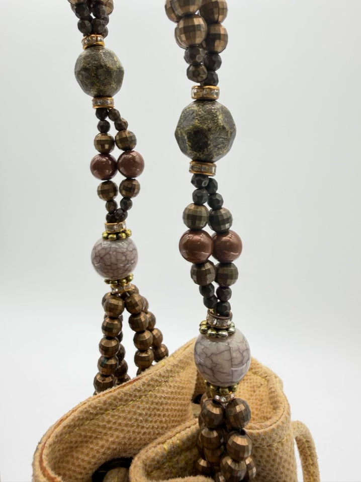 MARY FRANCES Flustered Beige Beaded Butterfly Drawstring Bucket Bag