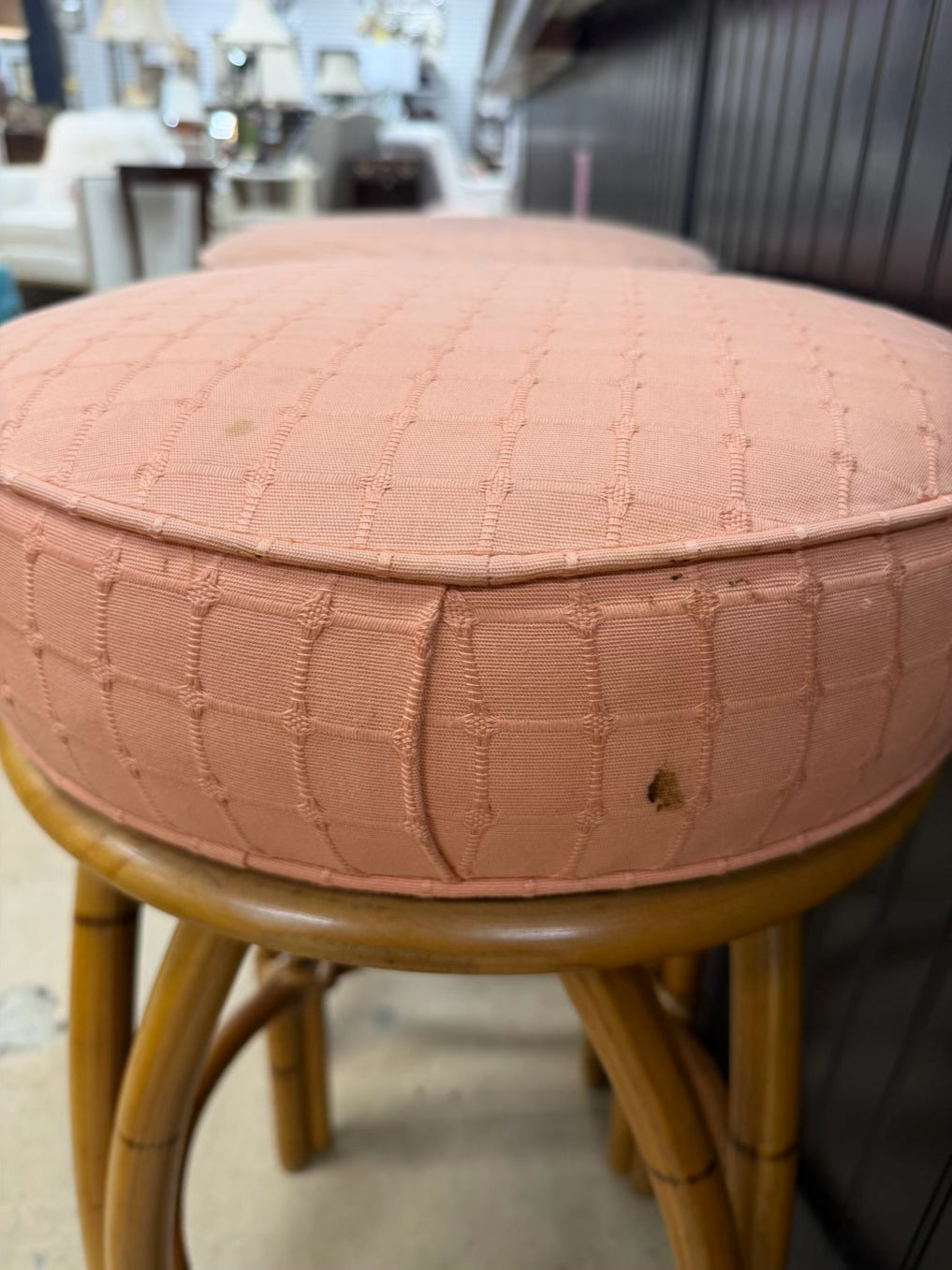 VINTAGE Natural Swivel Bamboo Set Of 3 Bar Stools w/ Fabric Seats