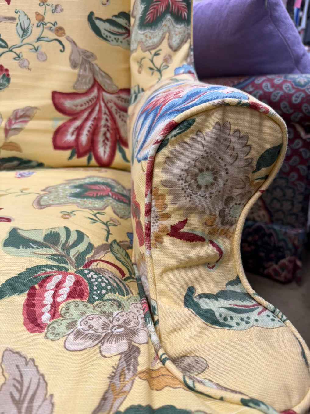 VINTAGE Yellow, Blue, Red & Green Floral Slip Covered Wingback Chair