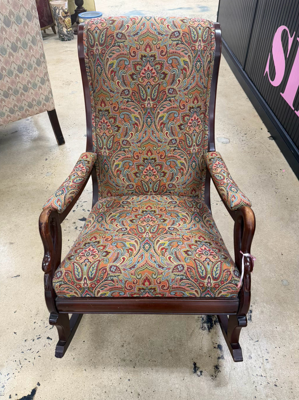 Orange, Blue & Red Paisley Fabric Gooseneck Rocking Chair