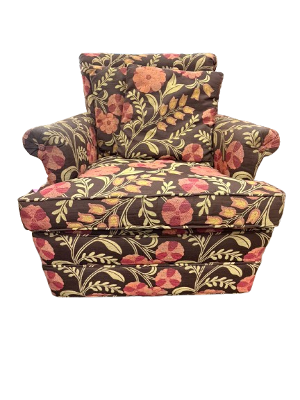 Brown, Brick & Green Swivel Flocked Chair & Ottoman
