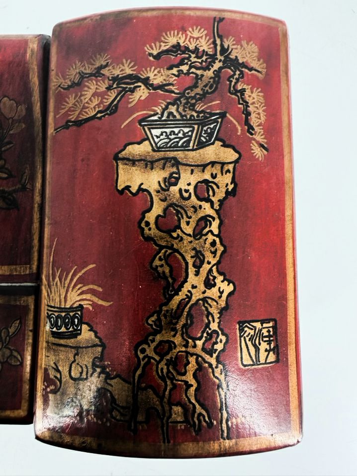 Red, Gold & Black Wood Hand painted Oriental Jewelry Box w/ Mirror