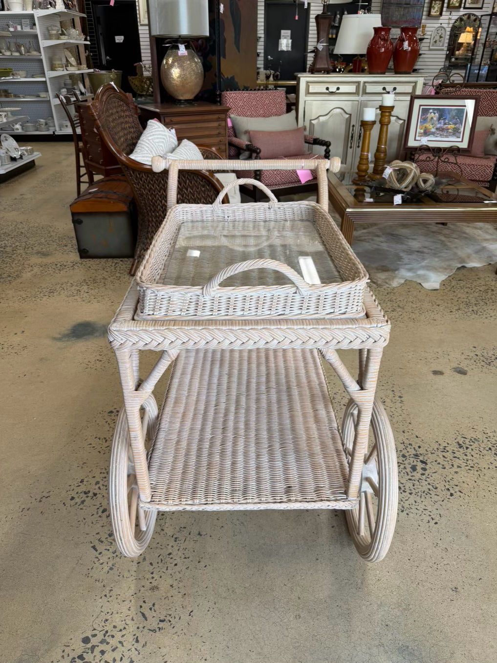 HENRY LINK Cream Wicker Bar Cart w/ Tray