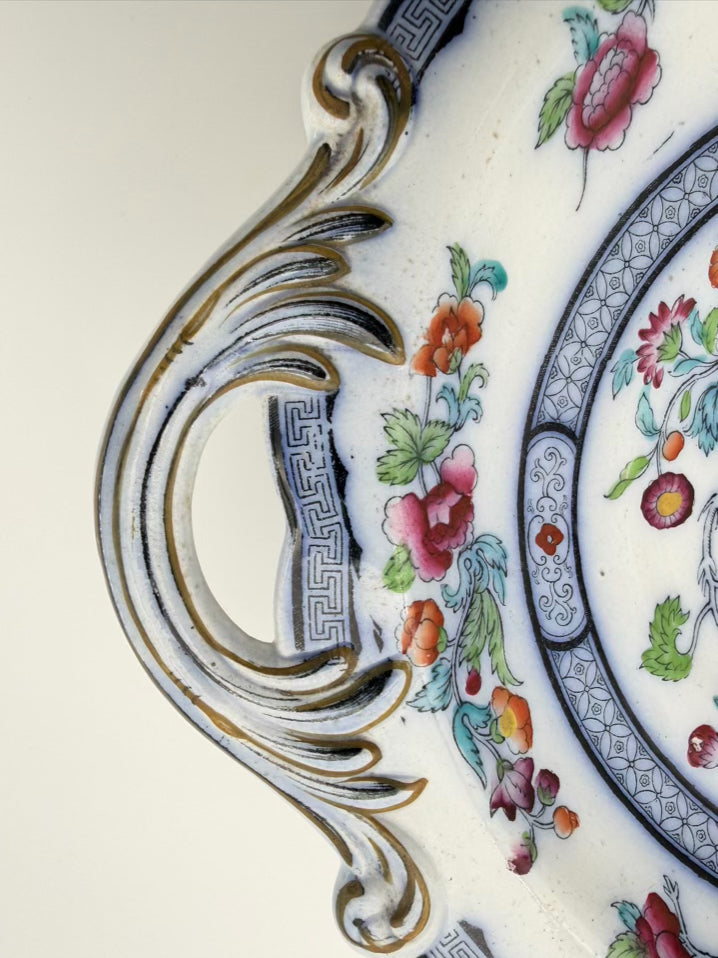Blue, White & Pink Porcelain Floral Decorative Footed Plate