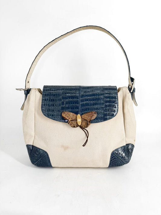 VINTAGE MARIO HERNANDEZ Canvas & Crocodile Embossed Leather Butterfly Shoulder Bag