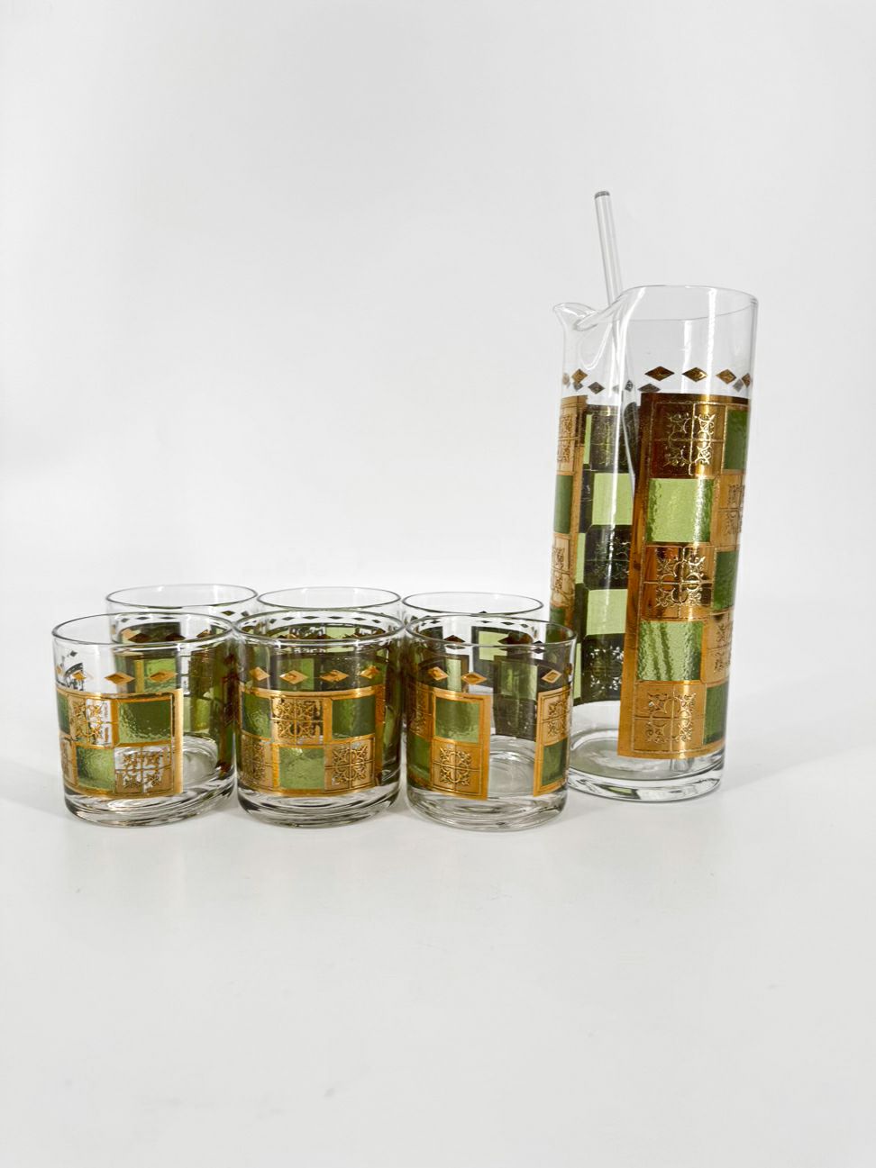 VINTAGE Green & Gold Martini Pitcher w/ 6 Glasses
