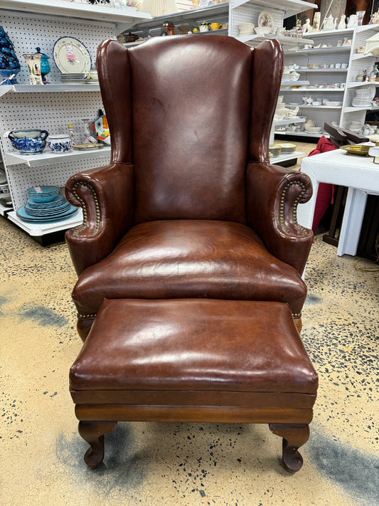 Tan Leather Wingback Chair w/ Ottoman