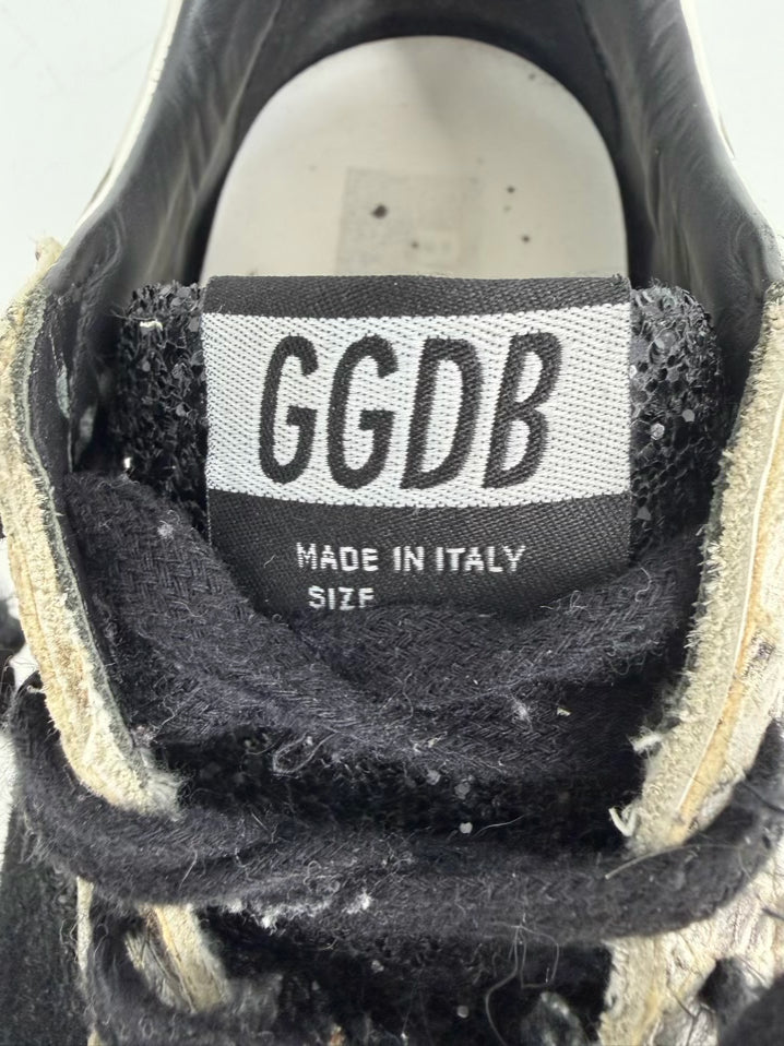 GOLDEN GOOSE Size 45 White & Black Leather Sparkle Sneakers