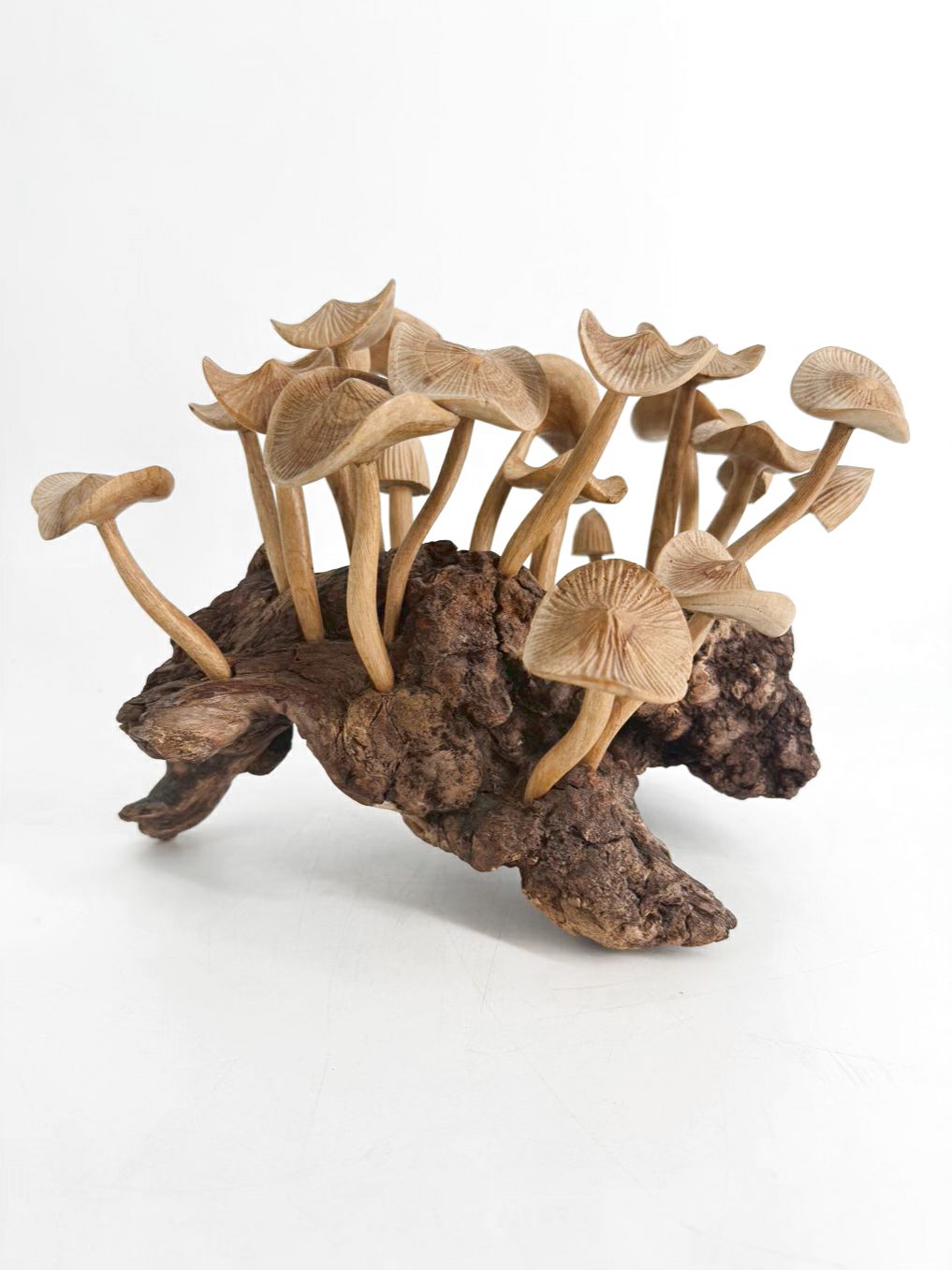 Tan & Brown Wood Carved Mushrooms On Wood Base