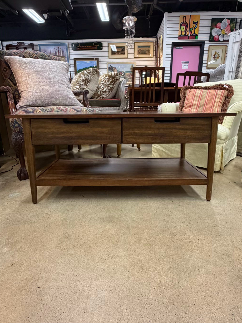 Dark Wood Mid Century Look Coffee Table w/ 2 Drawers