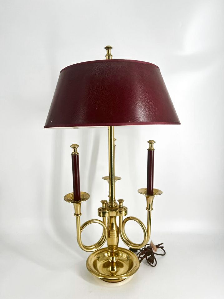 Brass Bouillotte French Horns Lamp w/ Red Shade