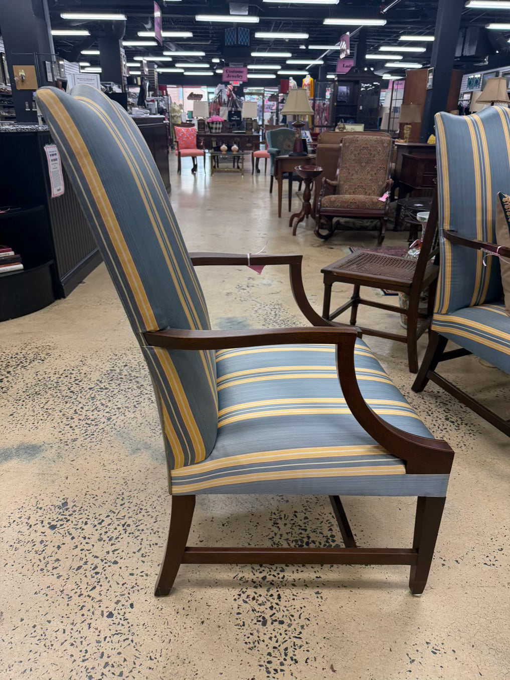 KINDEL MARTHA WASHINGTON Wood Chair w/ Blue & Yellow Stripe Fabric