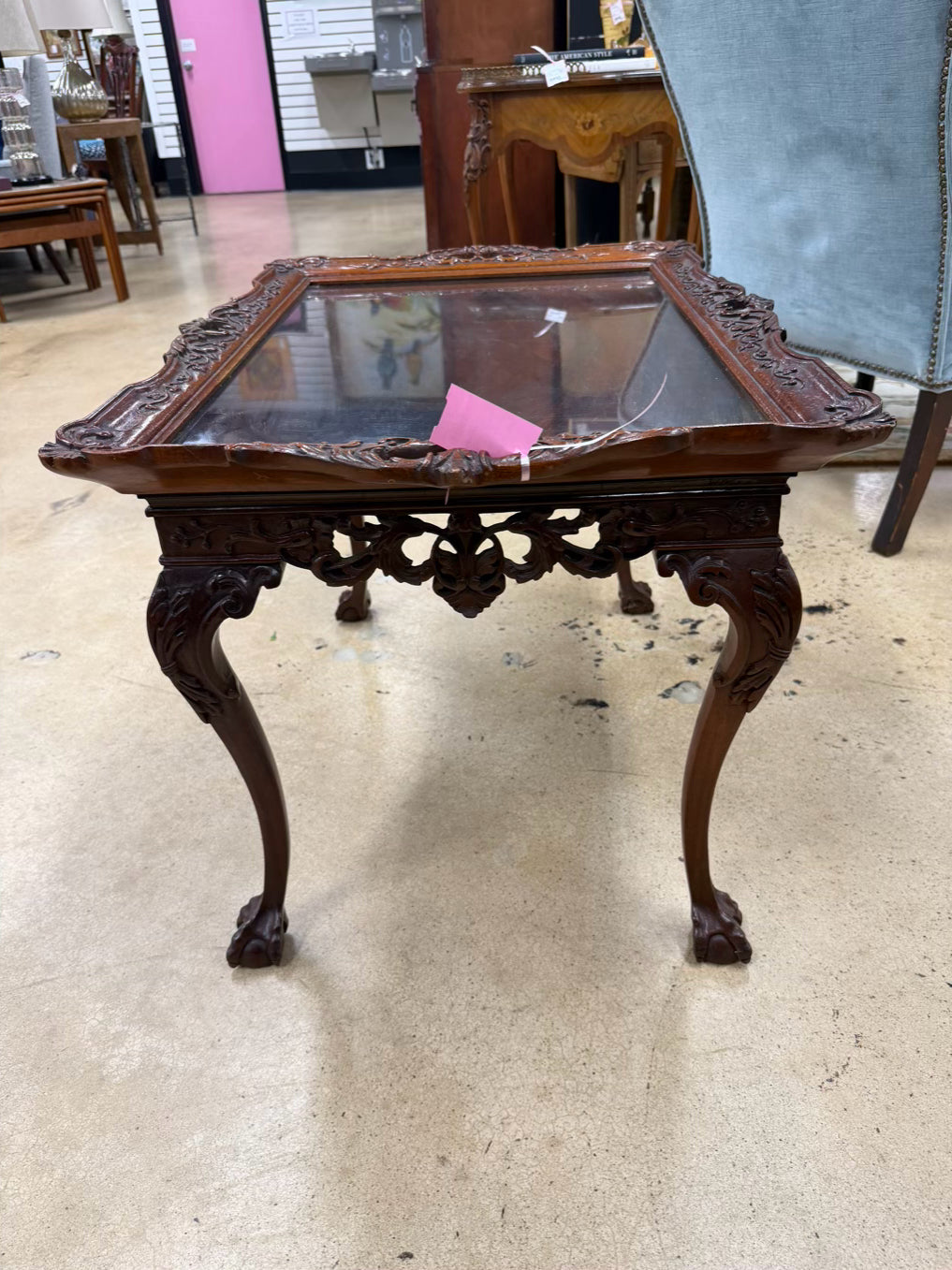 ANTIQUE Queen Ann Wood Carved Coffee Table w/ Removable Glass Serving Tray
