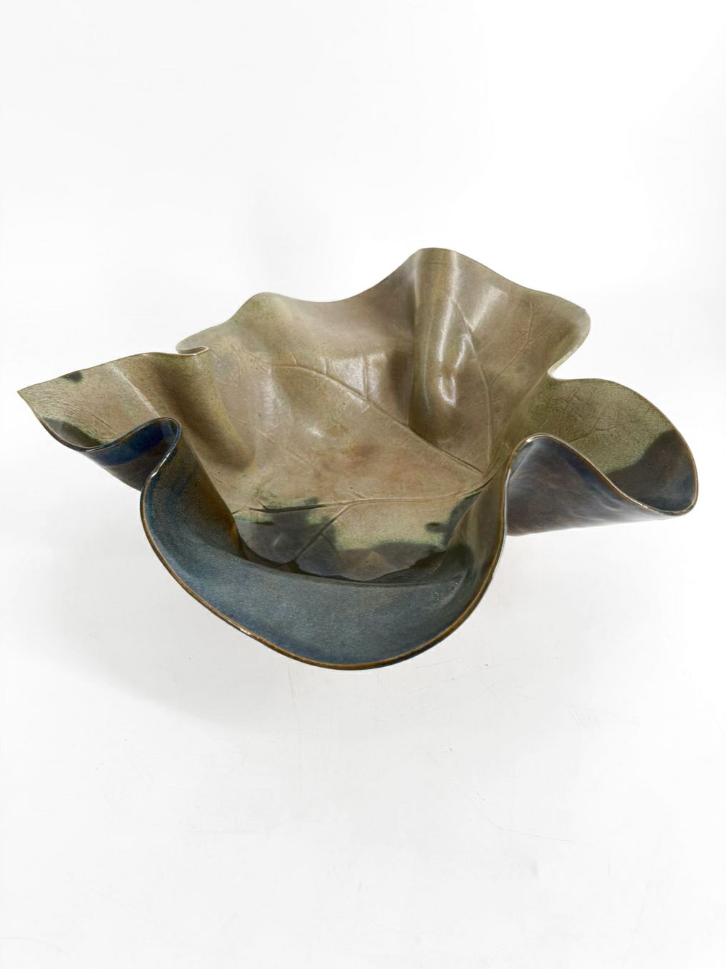 SIGNED Green & Blue Pottery Large Leaf Bowl