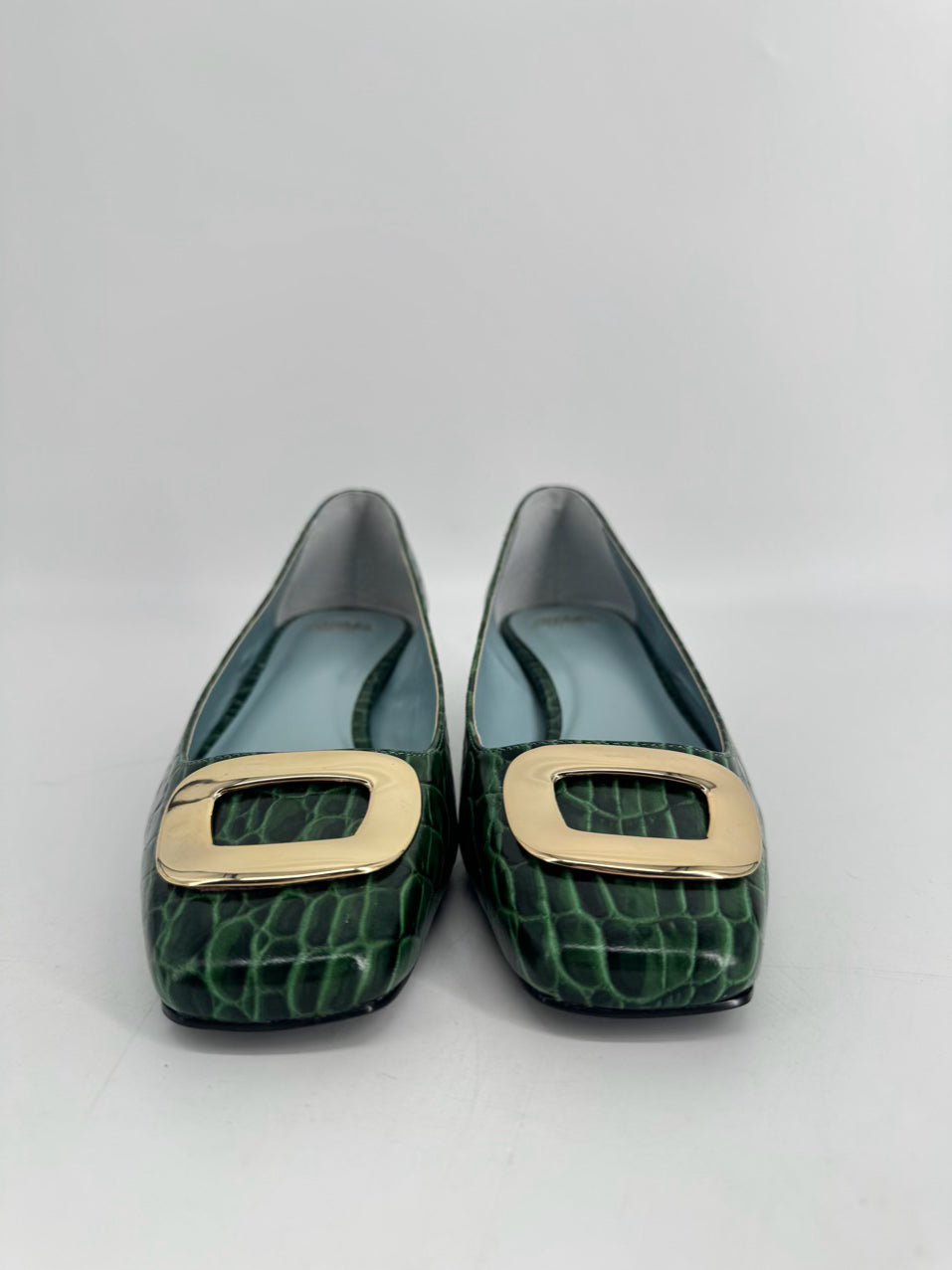 FRANCES VALENTINE Size 7.5 Green Embossed Leather Kitten Heels
